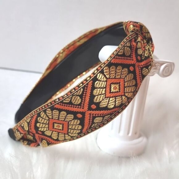 JEWELTONE JACQUARD SATIN FABRIC top knot orange gold black pattern headband - Picture 3 of 9